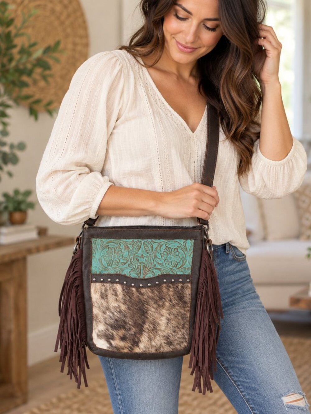 Western Cowhide & Turquoise Tooled Leather Fringe Crossbody Bag